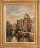 Herman Paradies, Gracht Rotterdam met vele figuren, Aquarel op papier