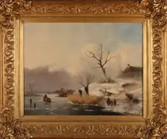 Groot werk van Johannes Franciscus Hoppenbrouwers, Hollands wintergezicht met ijspret, Olieverf op linnen