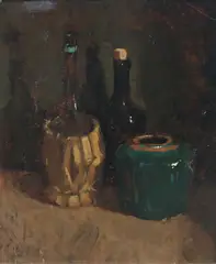 Dick Ket, Stilleven met gemberpot en wijnflessen, Olieverf op linnen