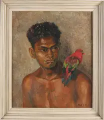 Indonesische jongen met vogel. by Nel Pot Fontein, Olieverf op linnen, sold Jul 2020