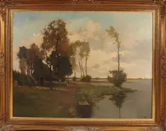 Landschap met boerin en was by J.H. Kaemmerer, Olieverf op linnen, sold Jul 2020