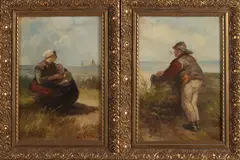 2x A.J. van Prooijen, Vissersvrouw met kind + Visser met pijp, Olieverf op paneel