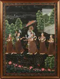 Hofhouding in landschap by Perzisch schilderij op zijde, Gouache op zijde, sold Jul 2020