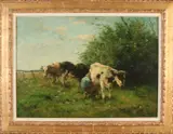 Hendrik Frauenfelder, Boer melkt koeien, Olieverf op linnen