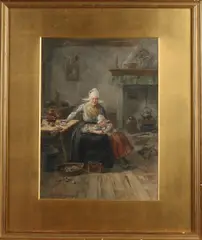 W.B. IJzerdraat, Boereninterieur met oma en kind, Aquarel op papier