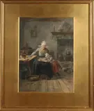 W.B. IJzerdraat, Boereninterieur met oma en kind, Aquarel op papier