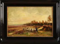 Anthony Beek, Heidegezicht met schapen en herder, Olieverf op paneel