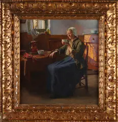 Aloïs Boudry, Boerenvrouw in interieur, Olieverf op paneel