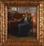 Aloïs Boudry, Boerenvrouw in interieur, Olieverf op paneel
