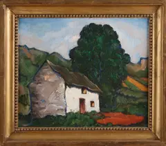 Landschap, schuurtje bij leerlooierij by Kees Heynsius, Olieverf op linnen, sold Jul 2020