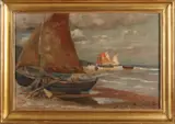 Martin Frost, Visserboten op strand, Olieverf op paneel