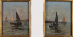 2x J. Wagner, Havengezichten met boten, Olieverf op linnen