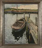 Ben Viegers, Hollandse binnenhaven met steiger en boten, Olieverf op linnen