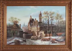 Joseph Fishman, Kerkgezicht met figuren in de winter, Olieverf op linnen