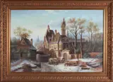 Joseph Fishman, Kerkgezicht met figuren in de winter, Olieverf op linnen