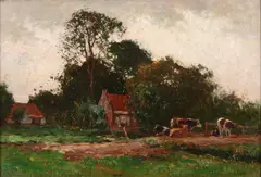 Ben Viegers, Boerderij met koeien., Olieverf op linnen