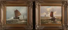 Twee schilderijen van E. van Dahlen, Vissersboten op volle zee, Olieverf op paneel