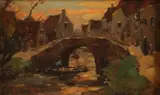 H. van Leeuwen - van Oudewater, Dorpsgezicht met gracht, Olieverf op paneel