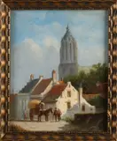W. Meijer, Dorpsgezicht met figuren en paardenkar, Olieverf op paneel