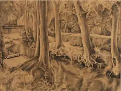 Hendrik Broer, Landschap Giethoorn, Houtskool op papier