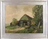 H.C. Kranenburg, Boerin met kippen bij schuur, Olieverf op linnen