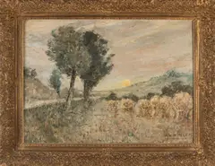 Jan Wingen, Landschap met korenschoven, Olieverf op linnen
