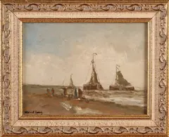 A. de Jong, Strandgezicht met vissersvolk en bomschuiten, Olieverf op paneel