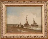 A. de Jong, Strandgezicht met vissersvolk en bomschuiten, Olieverf op paneel
