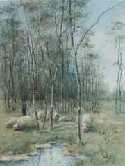 A. Durieux, Herder met zijn schapen bij bosrand, 1921, Aquarel op papier