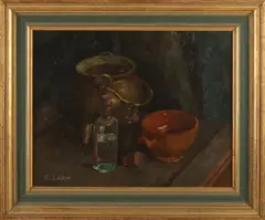 K. Laan, Stilleven met glas, aardewerk en melkemmer, Olieverf op linnen