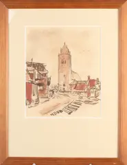 J. Mulders, Dorpsgezicht Minnertsga, 1955, Pastel op papier