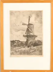 Jacob Maris, Dorpsgezicht met windmolen, Ets op papier
