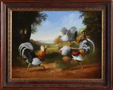 Pieter de Gryeff? 20e Eeuw, Vechtende hanen in landschap, Olieverf op paneel