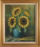 Gesigneerd Tilly Moes, Zonnebloemen op vaas, Olieverf op linnen