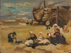 Onduid. gesigneerd., Vissersvrouwen op strand bij bomschuit, Olieverf op paneel