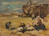 Onduid. gesigneerd., Vissersvrouwen op strand bij bomschuit, Olieverf op paneel