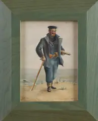 B. Johnson, Zeeman met wandelstok en kijker, 19e Eeuws Frans aquarel uit de Barbara Johnson walvis collectie