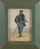 B. Johnson, Zeeman met wandelstok en kijker, 19e Eeuws Frans aquarel uit de Barbara Johnson walvis collectie