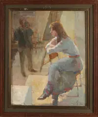 Monogram C.W., Fotograaf met dame op stoel, Olieverf op linnen