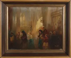 A. Peczely, Figuren in kerk, Olieverf op linnen
