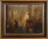 A. Peczely, Figuren in kerk, Olieverf op linnen