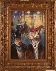 H. Schlenk, Elegant paar bij avond, Olieverf op paneel