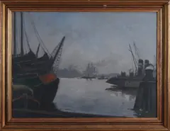 Ger van Vliet, Hollands havengezicht met schepen, Olieverf op linnen