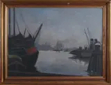 Ger van Vliet, Hollands havengezicht met schepen, Olieverf op linnen