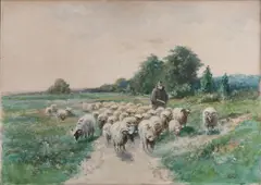 August Voigt-Fölger, Herder met zijn schapen, Gemengde techniek op papier