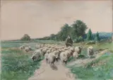 August Voigt-Fölger, Herder met zijn schapen, Gemengde techniek op papier