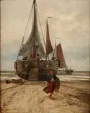 J.H.B. Koekoek, Bomschuit op strand, Koekkoek 1840-1912 Bomschuiten met vissers op het strand olieverf op linnen 47x37 cm in goede staat