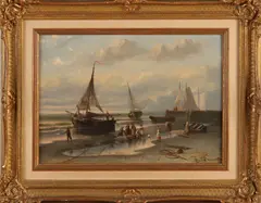 Mauritz Verveer Fecit '54, Vissersvolk met boten op strand, Olieverf op paneel