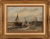 Mauritz Verveer Fecit '54, Vissersvolk met boten op strand, Olieverf op paneel