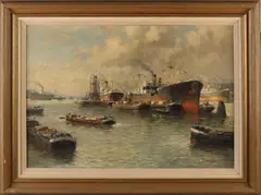 J. van Delden, Haven Rotterdam, Jan van Delden ca 1930 Rotterdams havengezicht met vrachtschepen, olieverf op linnen 50x70 cm in goede staat
